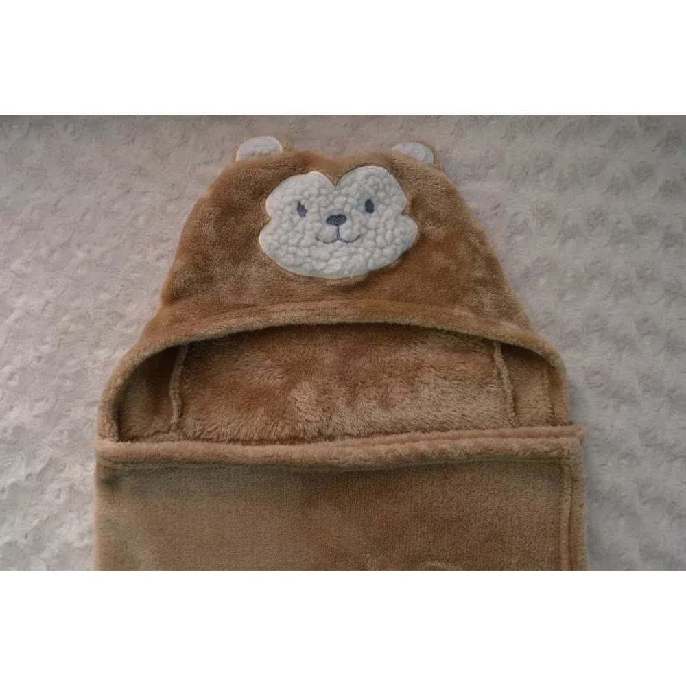 Modern Baby Monkey Blanket Face Head Ears Hooded Brown Tan Plush Soft